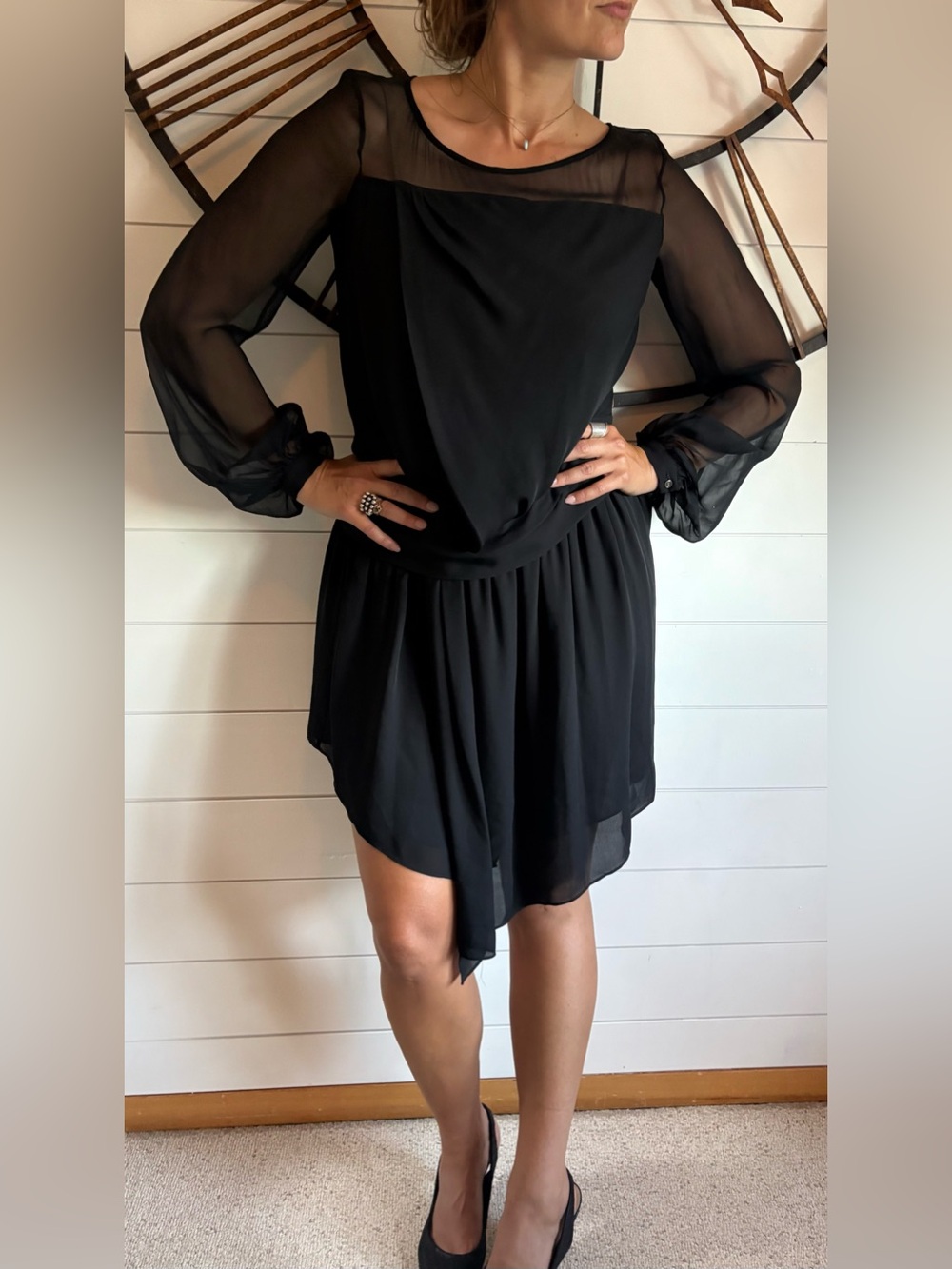 Haute Hippie Sheer Boho Glamor Black Silk Chiffon Asymmetrical Cocktail Dress M